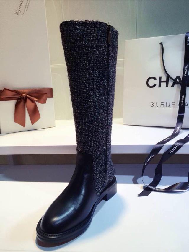 chanel 香奈儿2015专柜最新款 拼接牛皮羊毛呢高筒靴