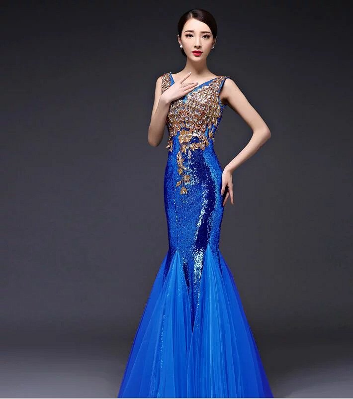 01ly280_新款宴会长款亮片新娘敬酒服修身鱼尾主持人礼服蓝色