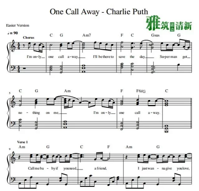 P17134 Charlie Puth One Call Away钢琴谱简单版 共5页 高清版pdf文档 发电子