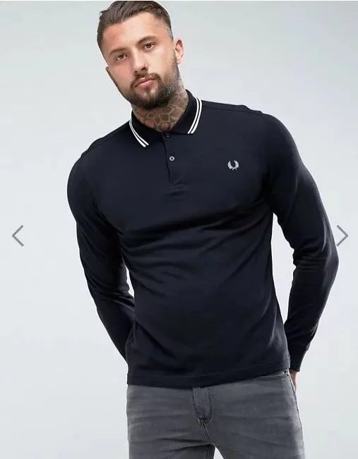 2023fred perry men's long-sleeve t-shirt beaded cotton polo collar slim fit SLR real photo