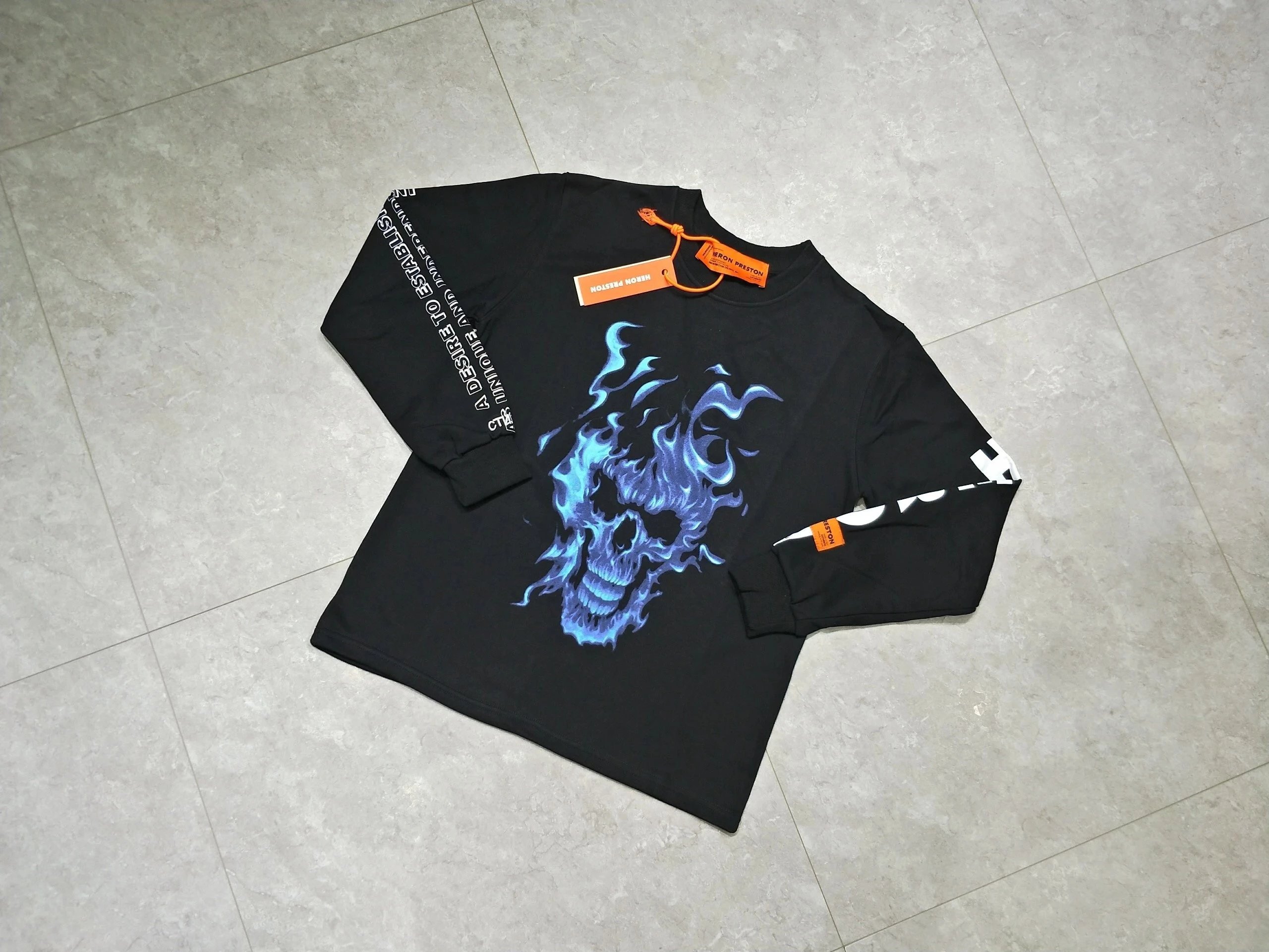 Heron Preston 17FW Skull Black Flame Skull Print Long Sleeve T-Shirt