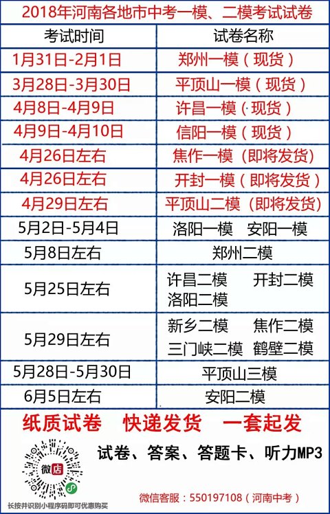 2018年河南各地市中考调研考试试卷(一模、二