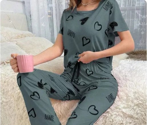 6969a:2026速卖通新款女士爱心印花短袖上衣长裤家居服pajamas简约休闲（留言规格