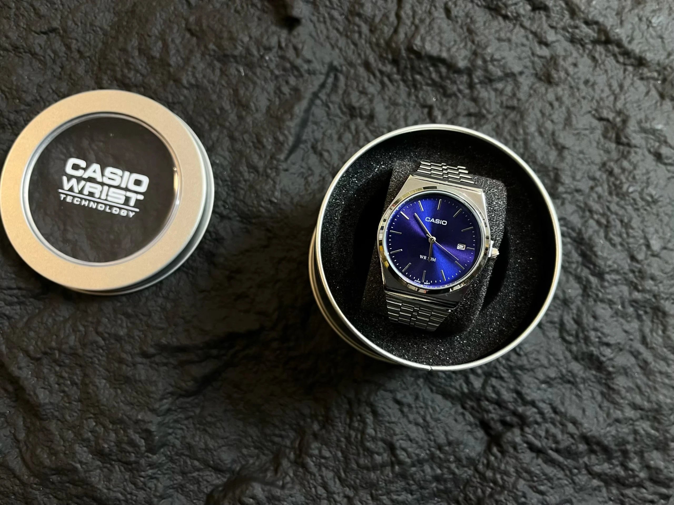 💰45 Free Shipping with Official Iron Box Packaging📦CASIO Wr50m Waterproof Quartz Movement Stainless Steel Strap Korean Japanese Watch Sapphire Blue Dial⌚️