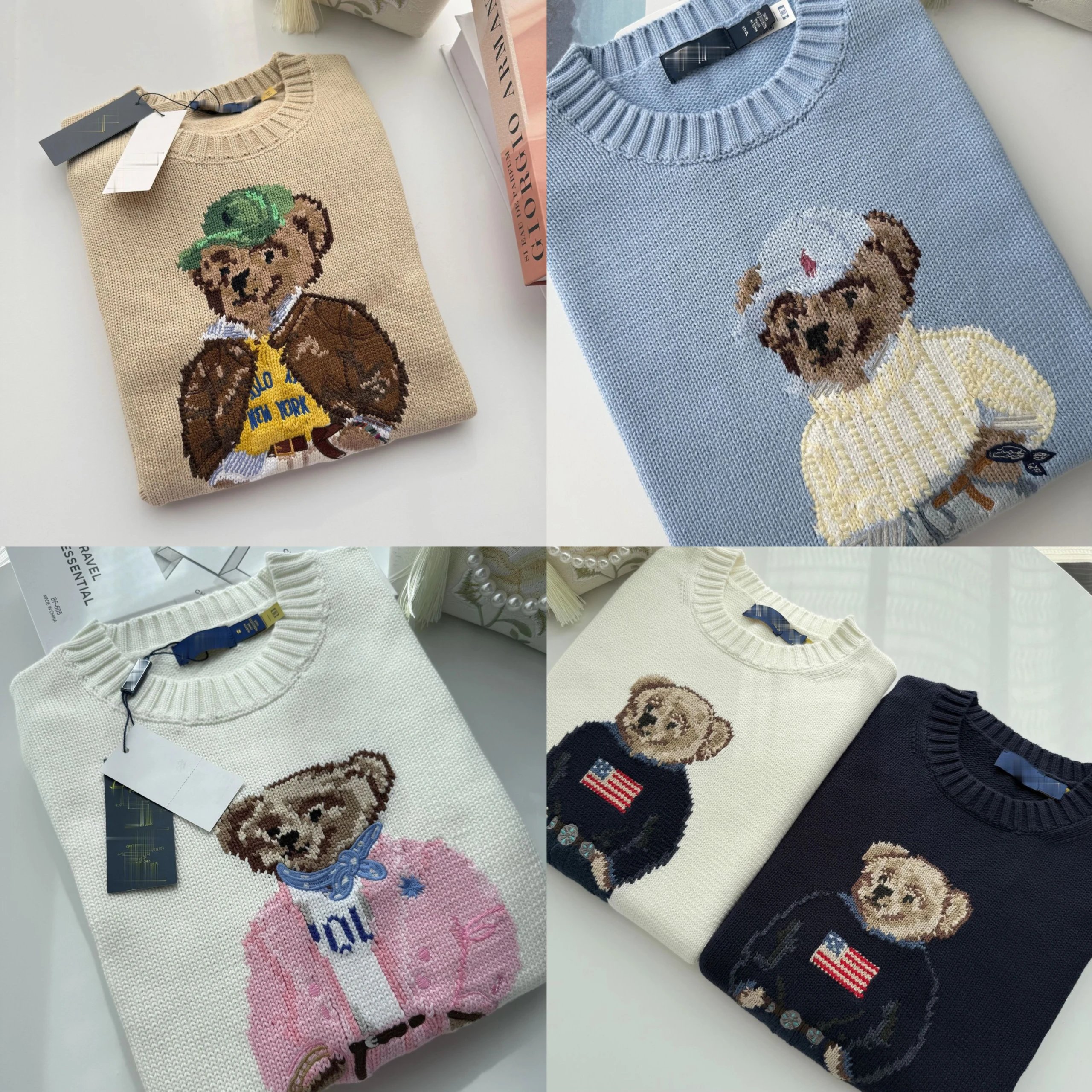 Bear Embroidered Cotton Knit Sweater