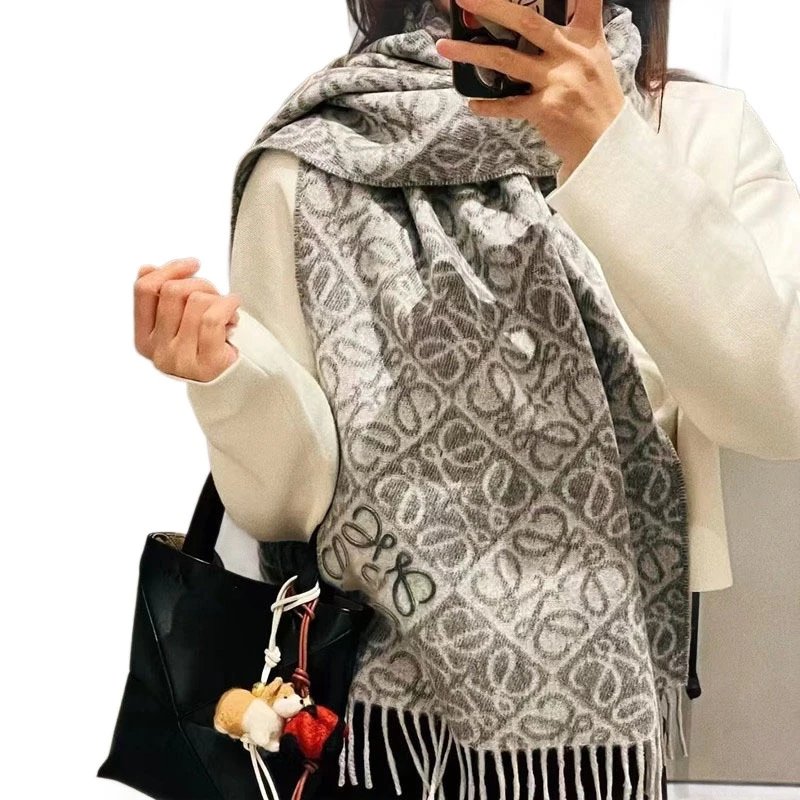 Loewe Anagram Gray Black Beige Woven Fringe Scarf