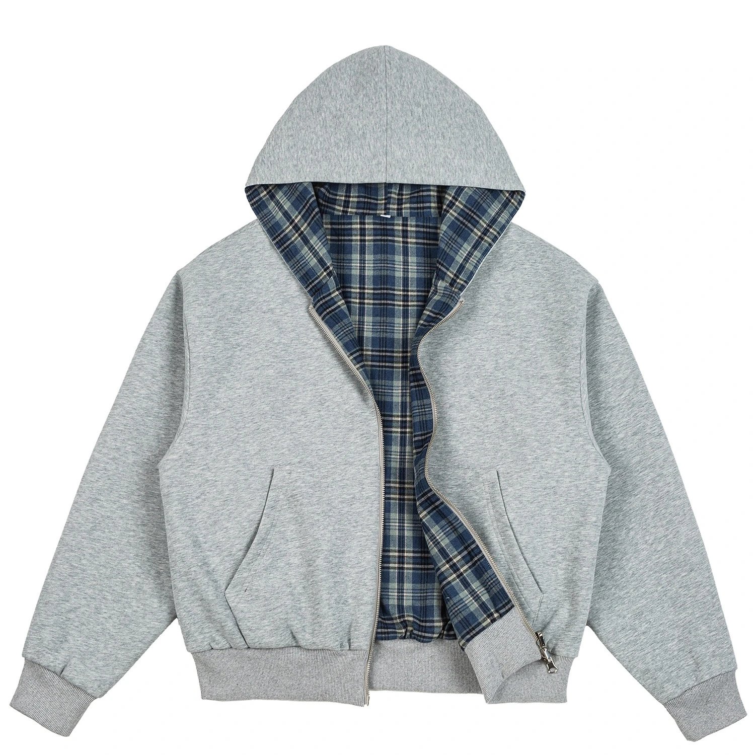 Reversible GrayBlue Plaid Hooded Sweatshirt Cardigan Vintage American Retro