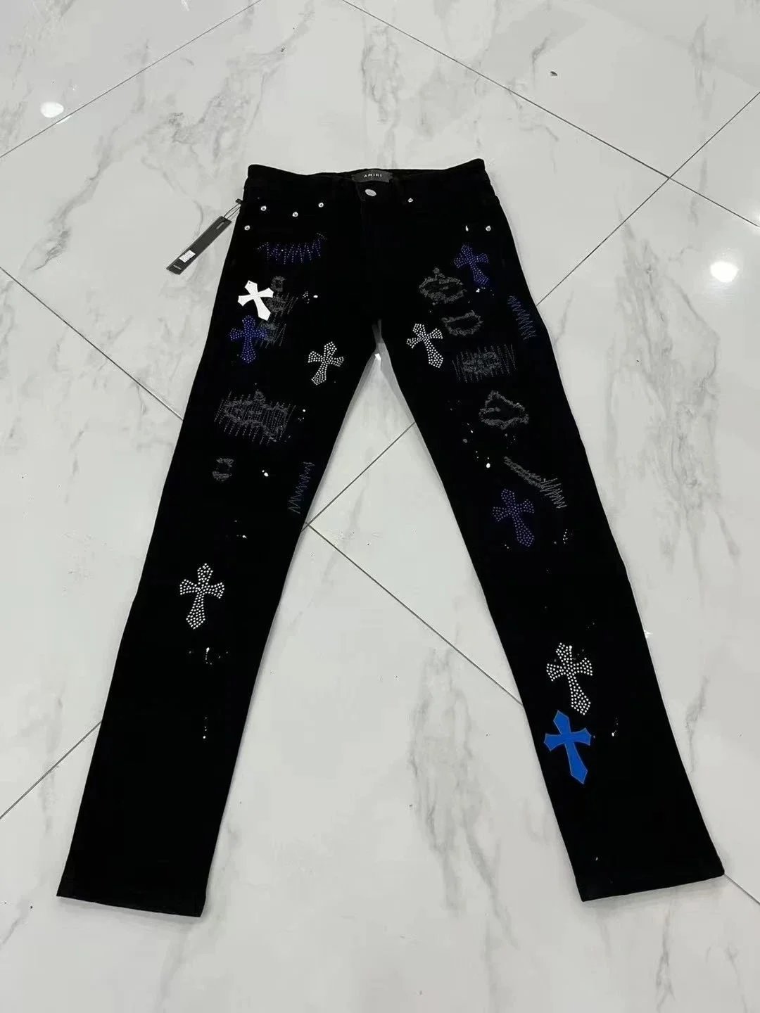 【现货秒发】高版本非埃当天发货米尔AMIRI黑色克啰心联名蓝白贴皮亮钻牛仔裤 图片实拍轻奢必备 潮流单品 爆款舒适时尚简约休闲百搭通勤男女同款