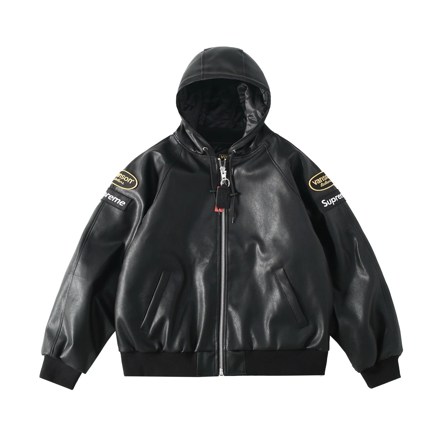 Supr * m * Co branded FW24 Jacket Logo Embroidered Patchwork Zipper Hooded Leather Jacket Coat Travis Scott Same Style