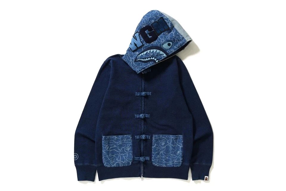 BAPE INDIGO SHARK Indigo Dyed Tang Suit Shark Hoodie Sweatshirt Jacket
