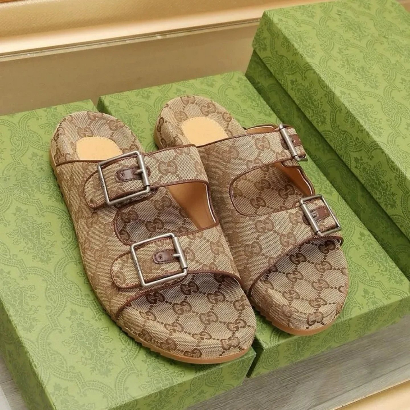 Gucci GG Supreme Canvas Double Buckle Platform Slide Sandals