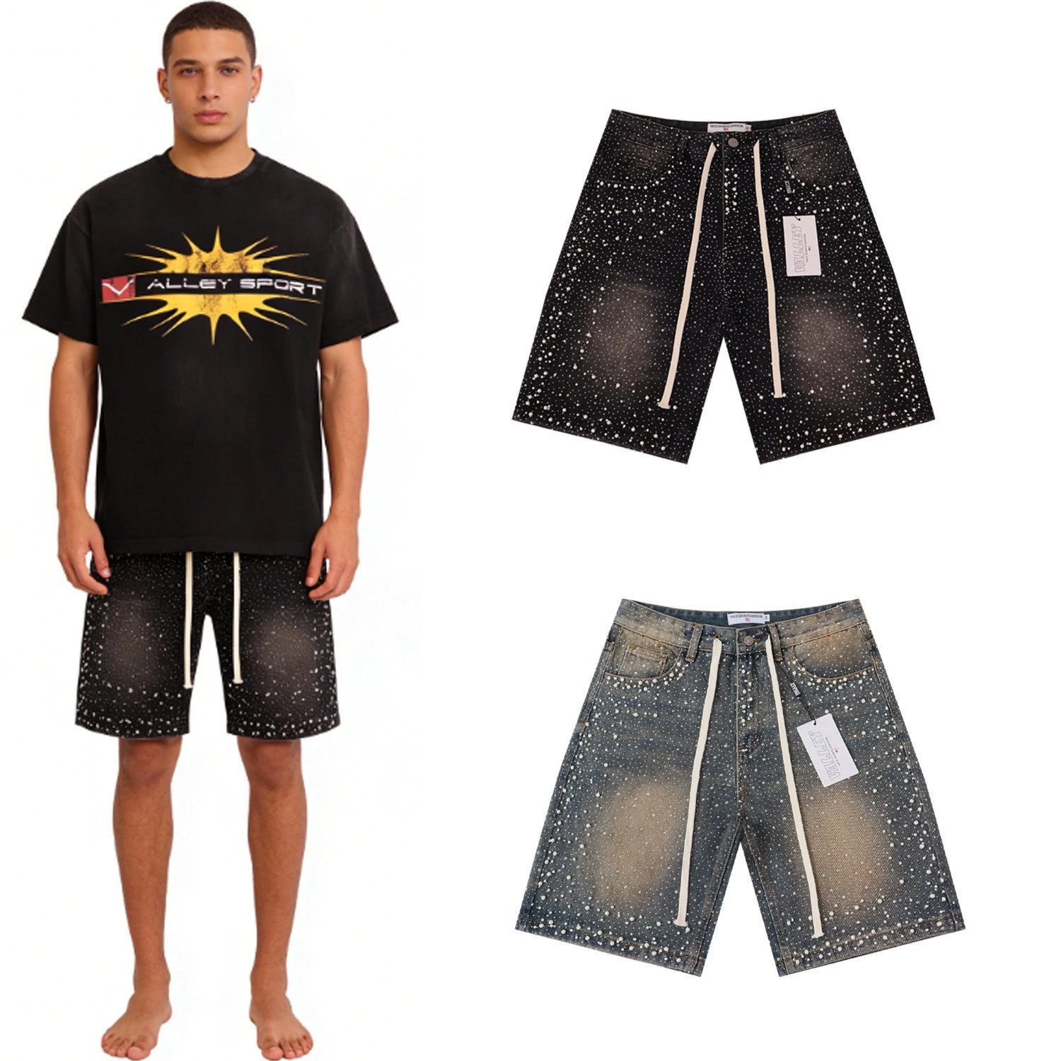 VALE VALLEY Men's Relaxed Fit Rhinestone Embellished Denim Shorts with Drawstring