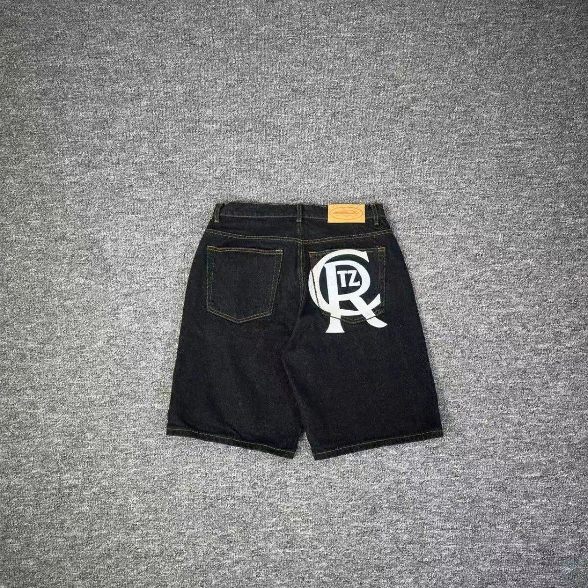Corteiz Black Denim Shorts with Large White Back Logo