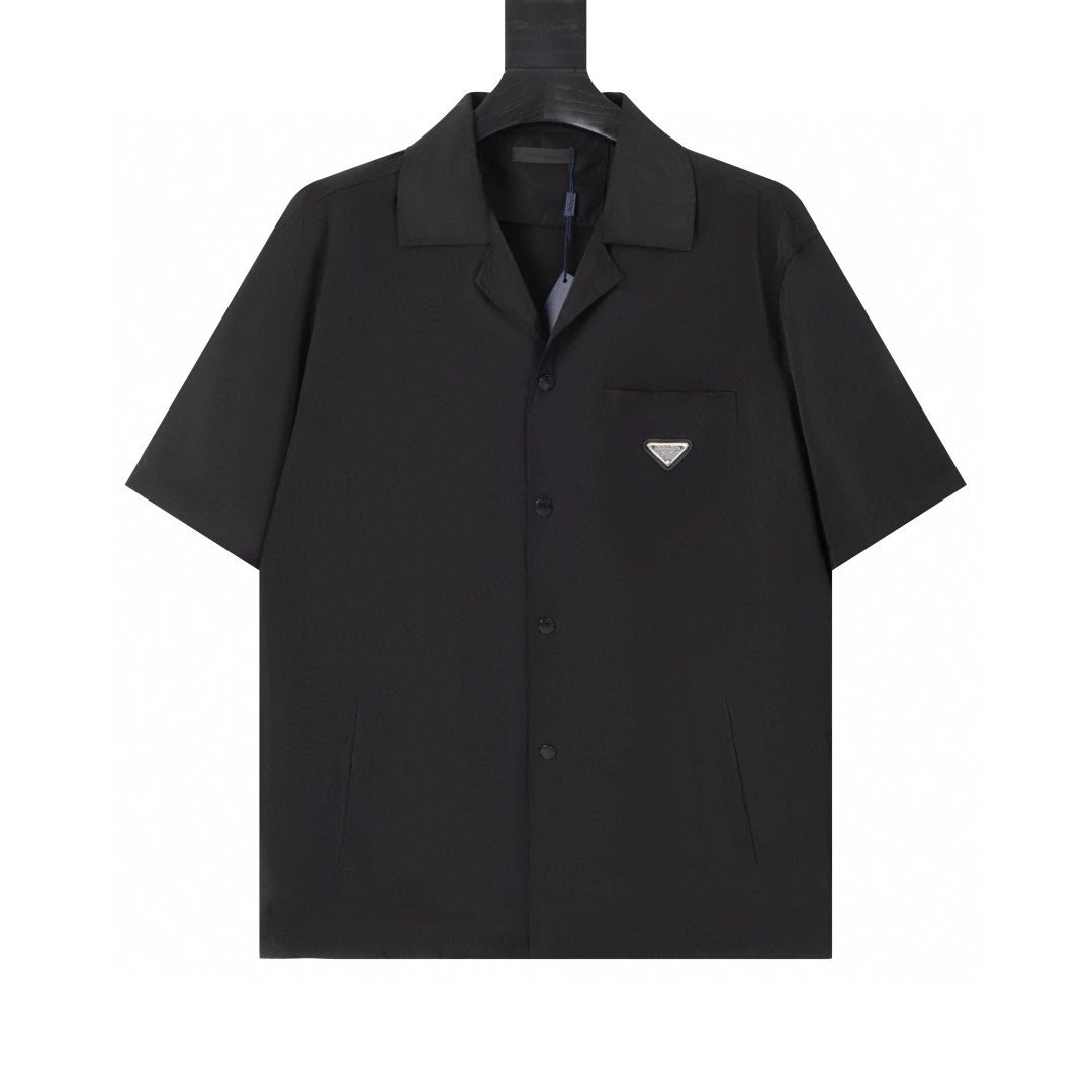 Prada Men's Short Sleeve Cuban Collar Shirt with Triangle Logo