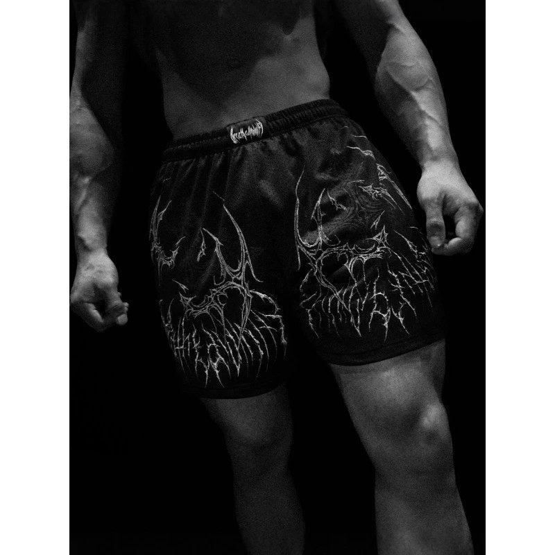 Breedivinity Black Mesh Athletic Shorts with Dragon Graphic Print