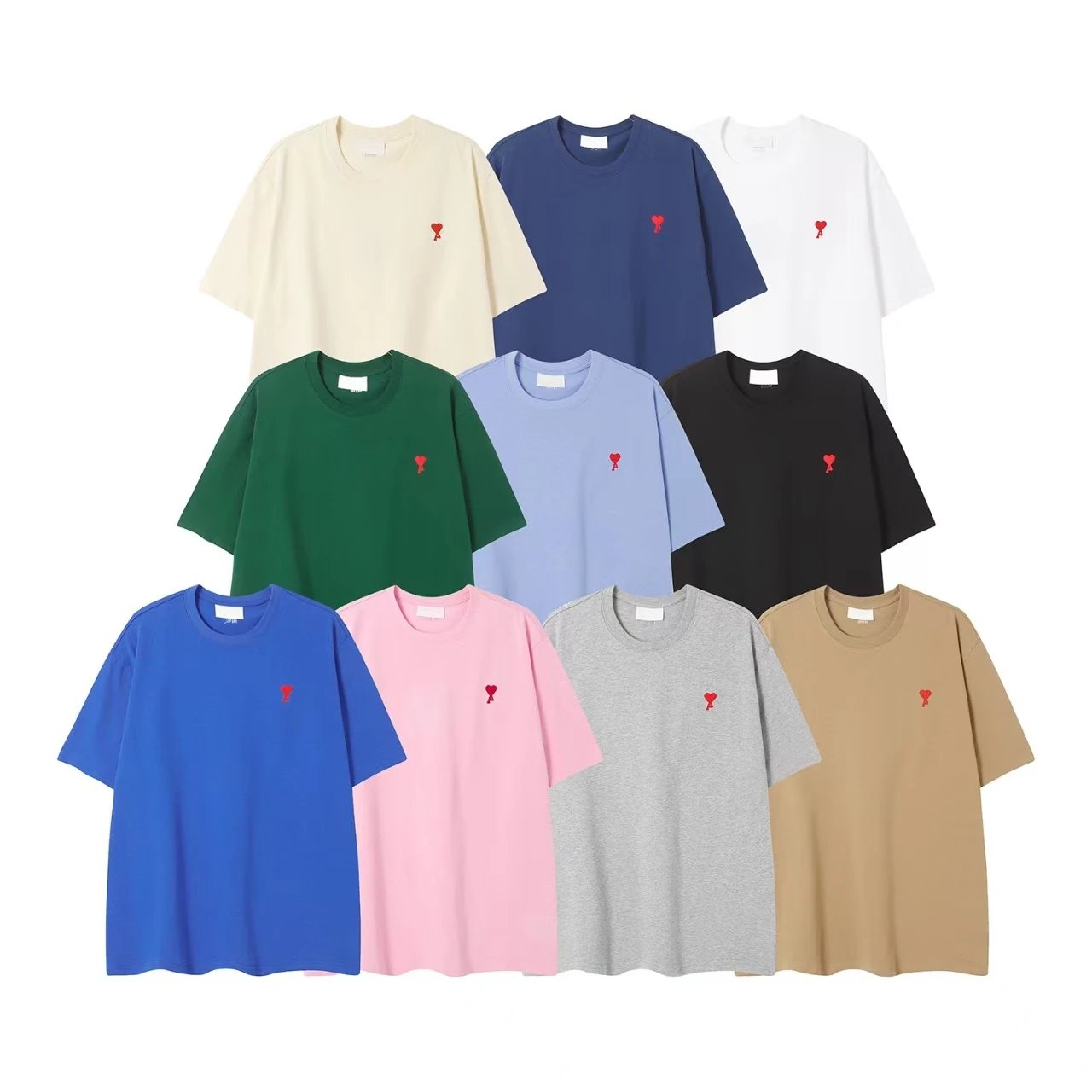 AM爱心刺绣T恤纯棉休闲宽松圆领短袖美式男女情侣款上衣