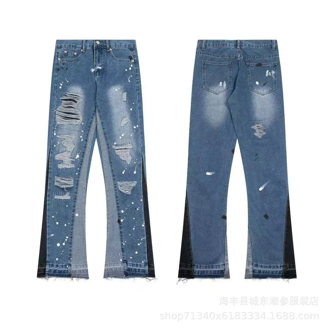Gall泼墨牛仔裤高街直筒阔腿长裤男 4