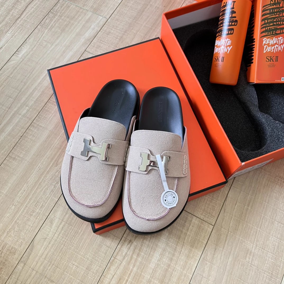 Hermes Women Suede Loafers H Buckle Slip On Shoes