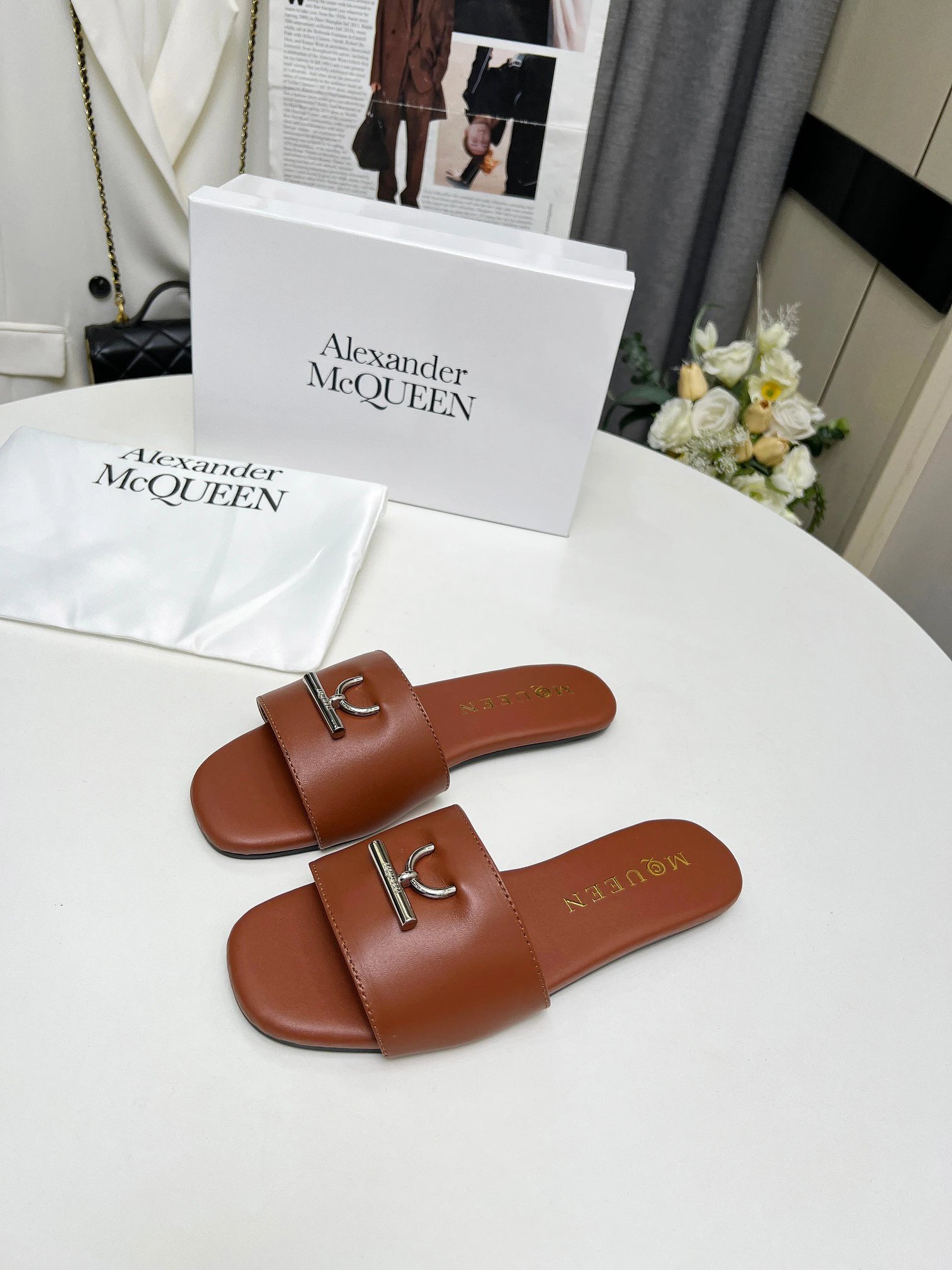 Alexander McQueen Brown Leather Women Slides