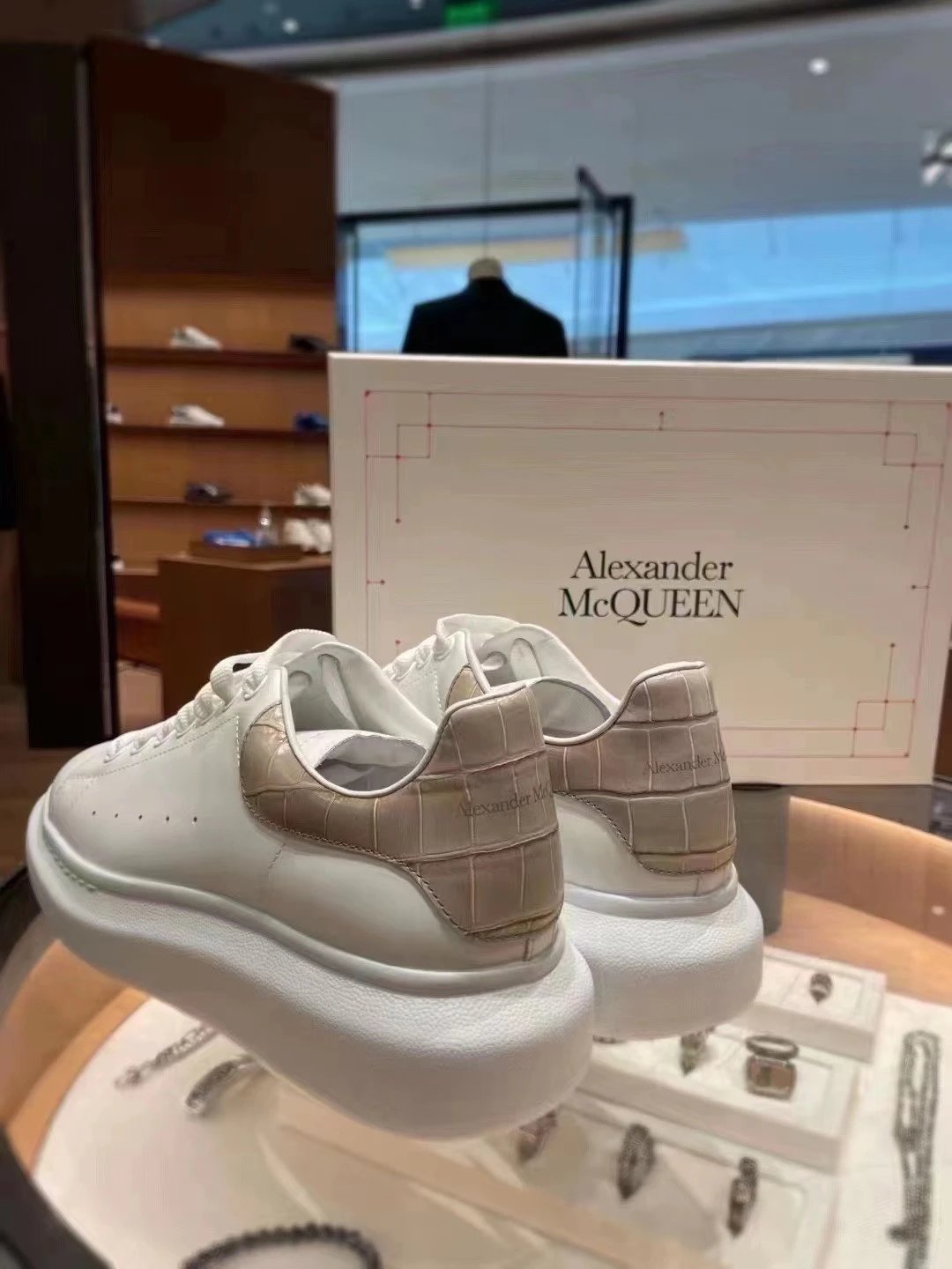 Alexander McQueen White Croc Heel Leather Sneakers