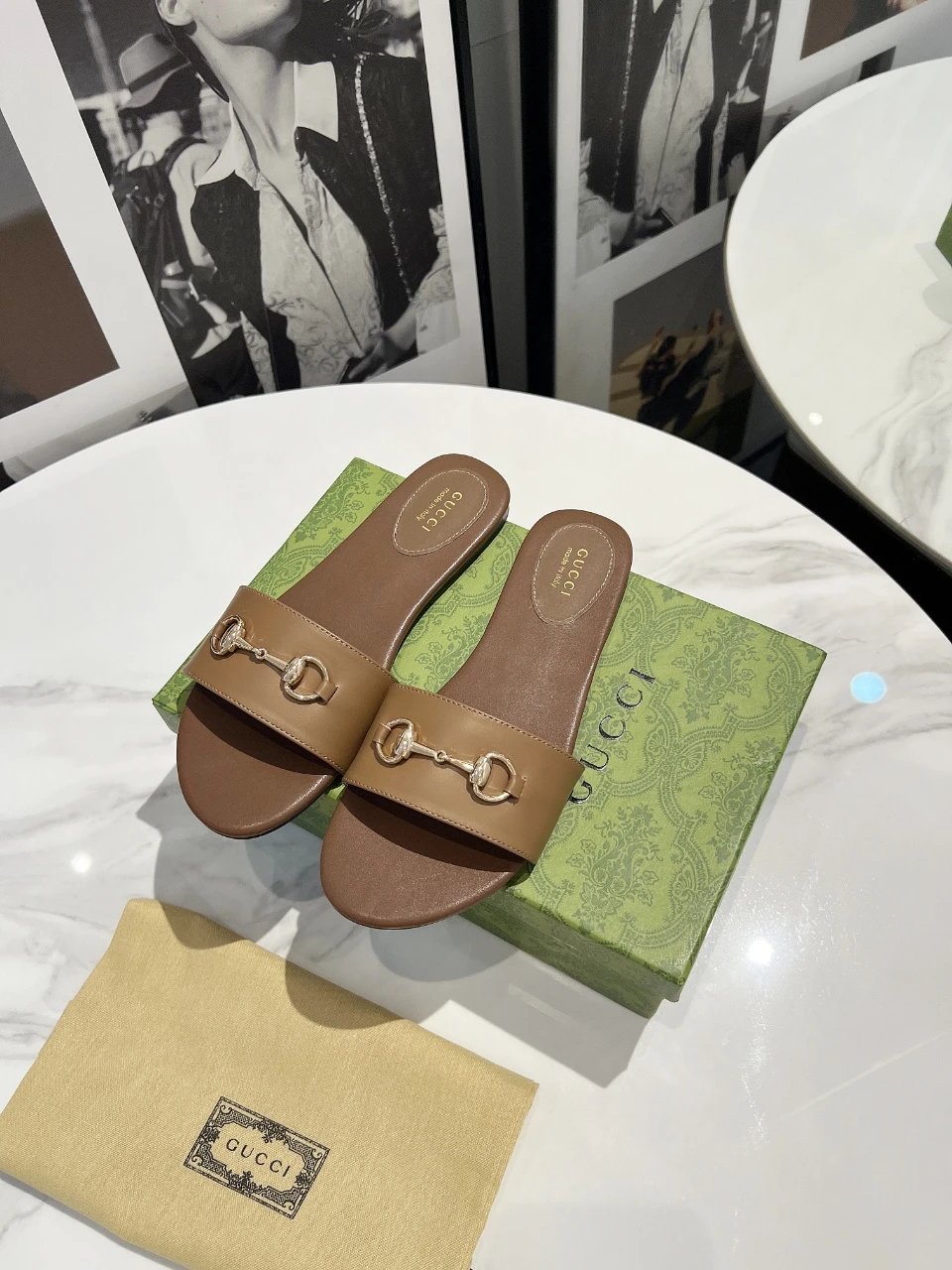 Gucci Tan Leather Horsebit Slide Sandals Women
