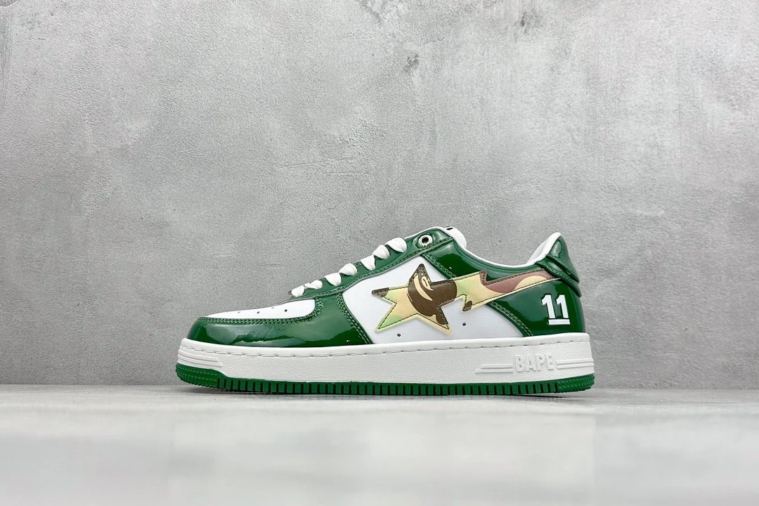 BAPE Green White Camo Star Leather Low Top Sneakers