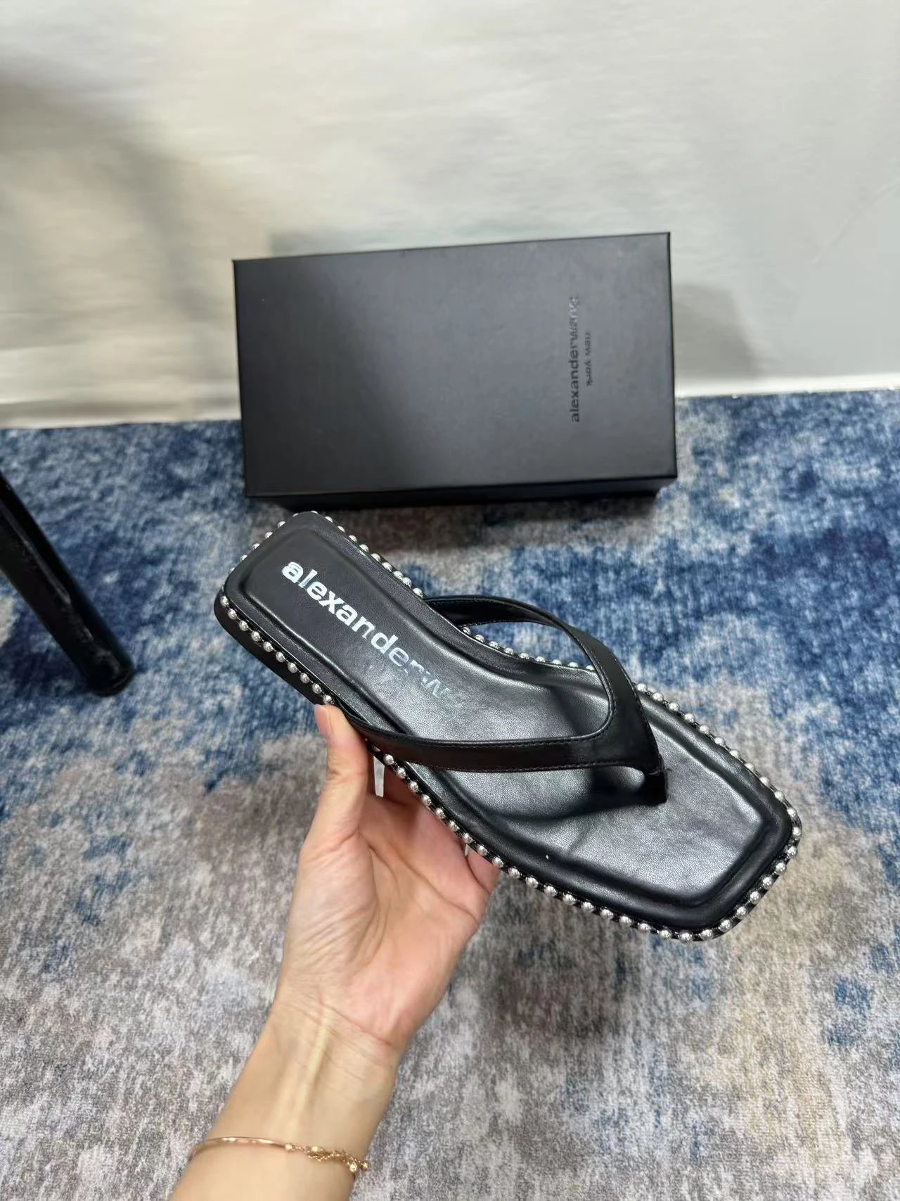 Alexander Wang Black Studded Leather Square Toe Sandals