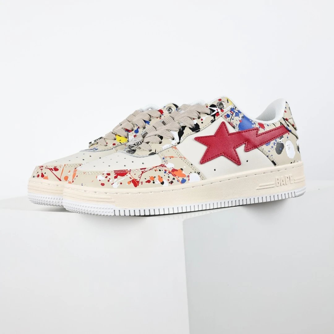 BAPE Paint Splatter Red Star Leather Sneakers