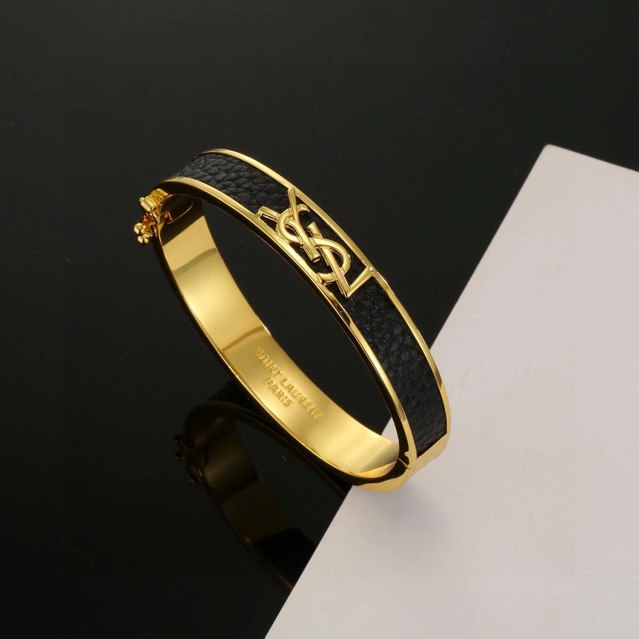 Saint Laurent Black Leather Gold Logo Bangle Bracelet