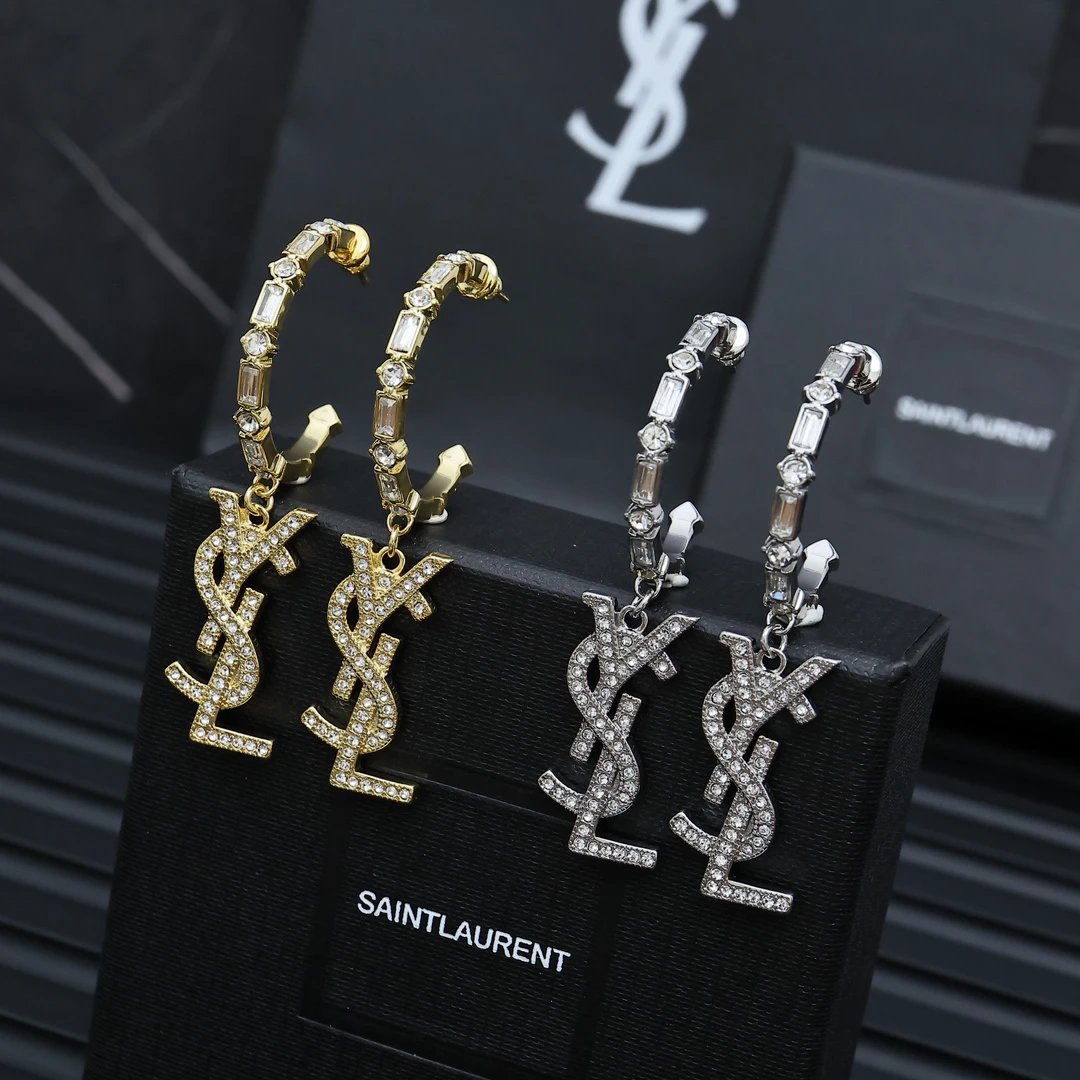 Saint Laurent Crystal Logo Hoop Earrings Gold Silver