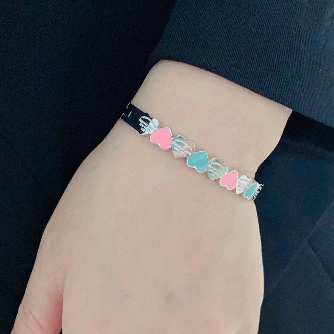 Tiffany Silver Heart Bracelet Pink Blue Peach Enamel
