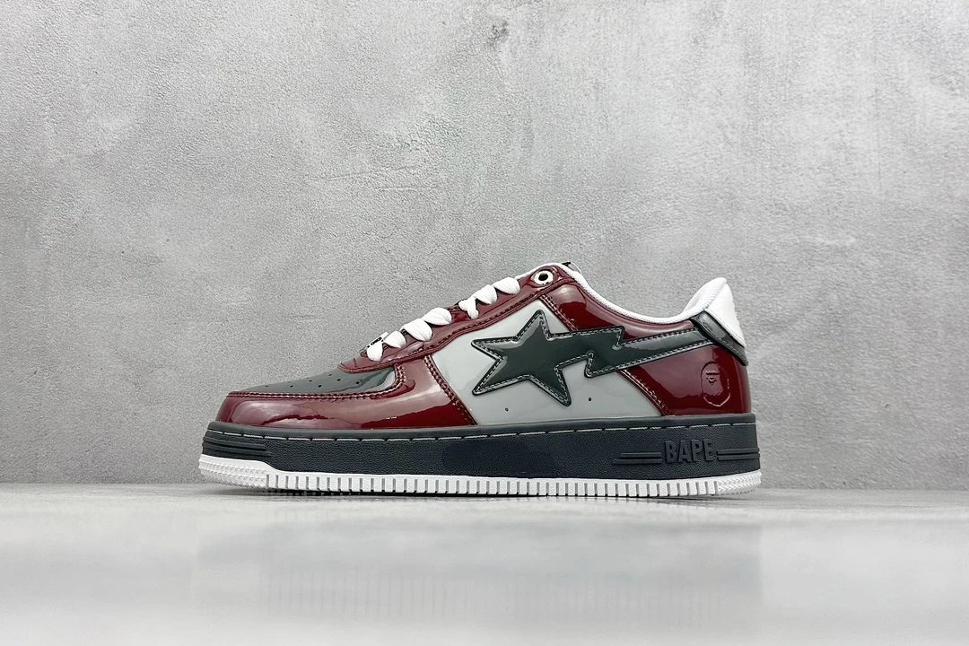 BAPE Star Red Grey White Patent Leather Sneakers
