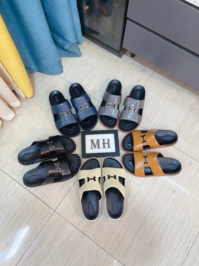 Hermes H Cut Leather Men Slide Sandals