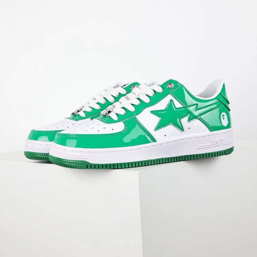 Bape Green Star Glossy Leather Casual Sneakers