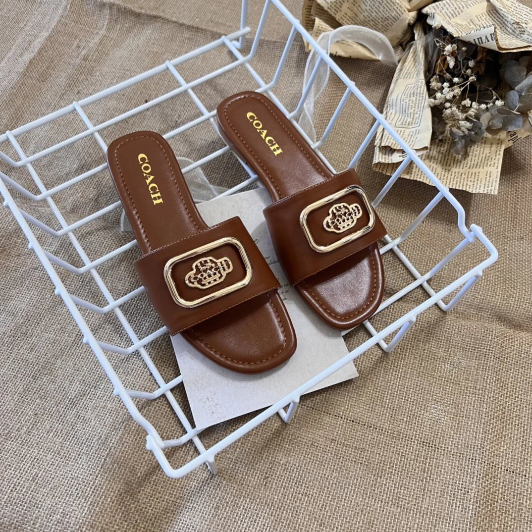 COACH Women Brown Leather Slide Sandals Gold Buckle