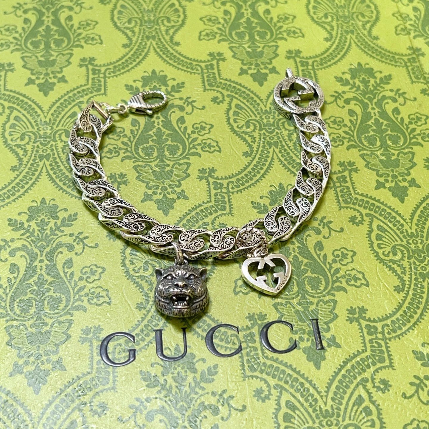 Gucci Vintage Silver Tiger Heart Charm Bracelet