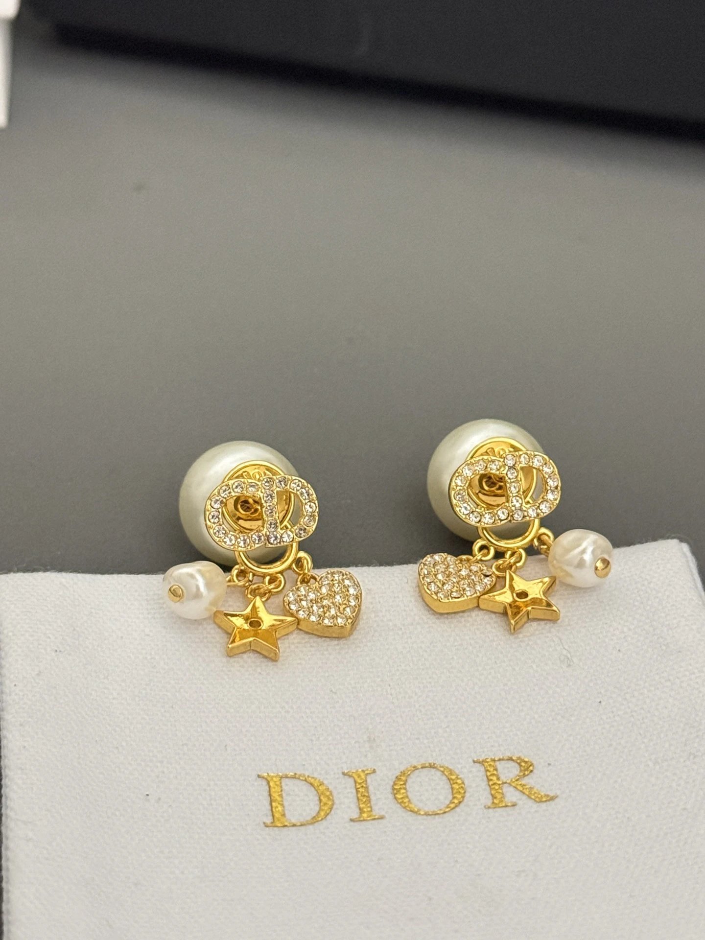 Dior Gold Pearl Earrings Heart Star Crystal Charm