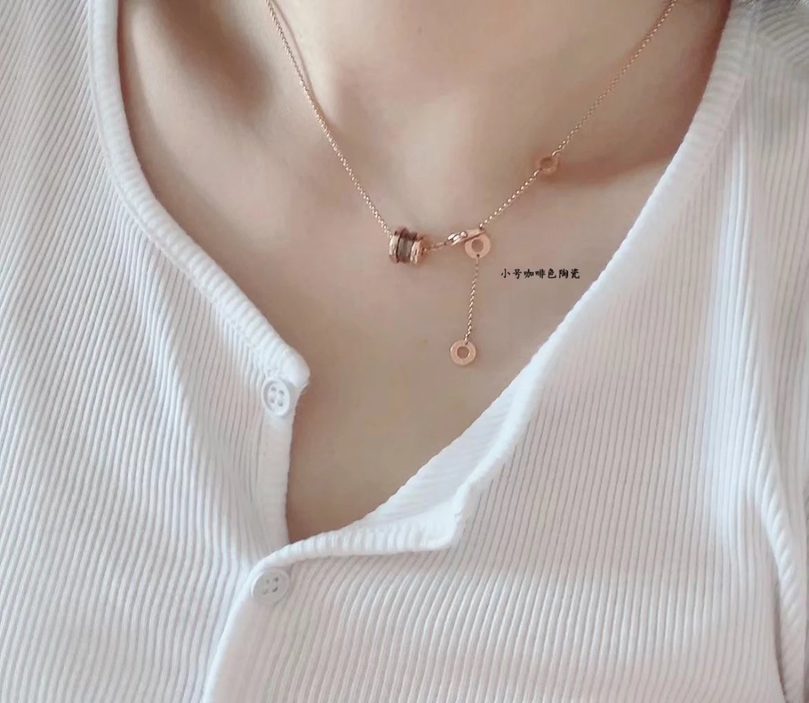 BVLGARI Rose Gold Ceramic Double Ring Necklace