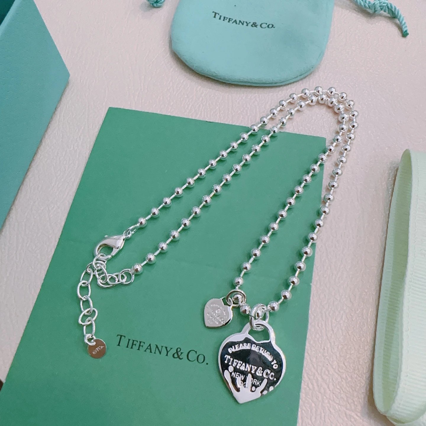 Tiffany & Co. Silver Bead Heart Tag Necklace Women