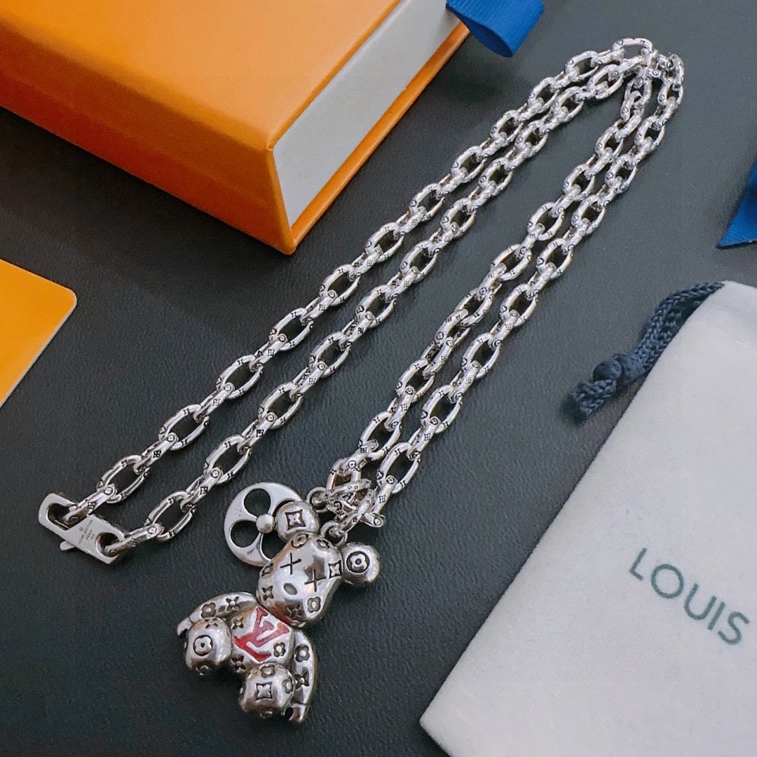 Louis Vuitton Silver Bear Pendant Necklace for Women Men