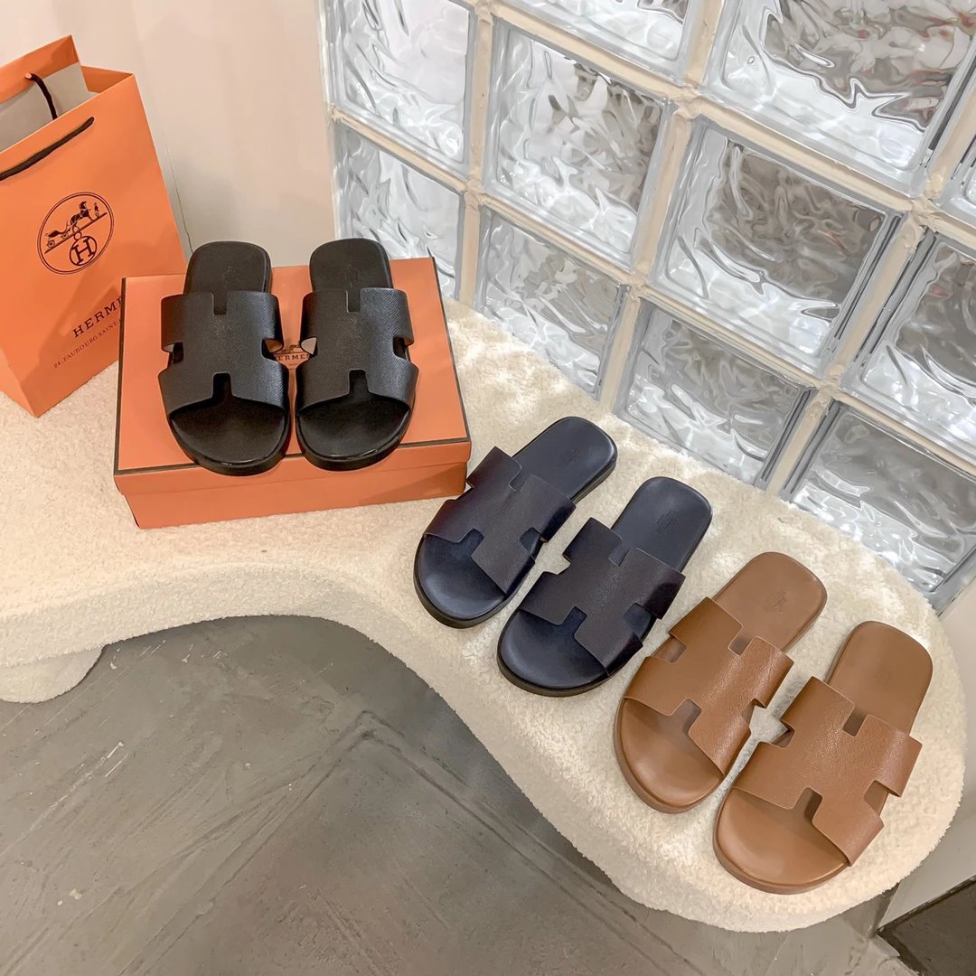 Hermes Men's H Cutout Leather Slide Sandals