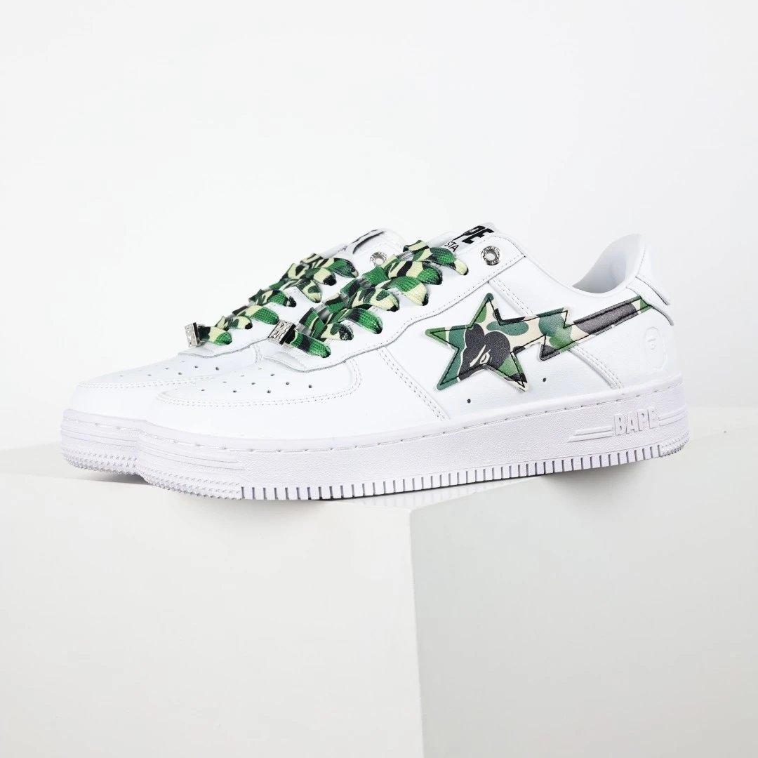 BAPE White Leather Green Camo Star Sneakers