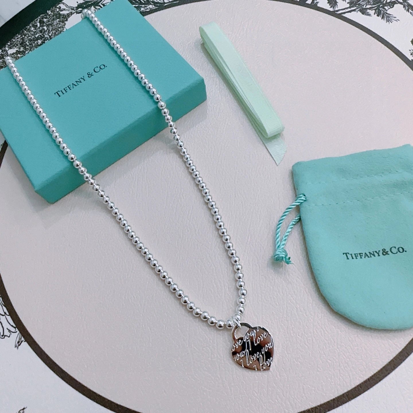 Tiffany Silver Bead Heart Tag Necklace for Women