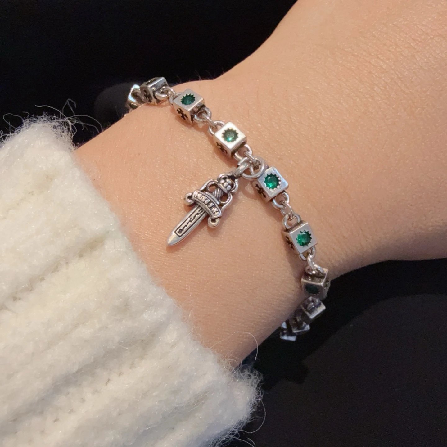 Chrome Hearts Silver Bracelet Green Gem Sword Charm