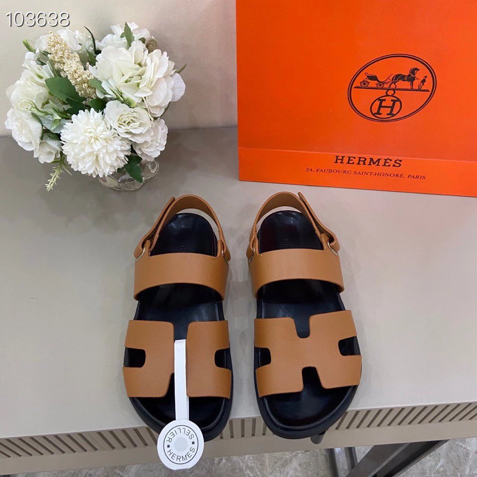 Hermes Men's Brown Leather H Sandals Summer Shoes
