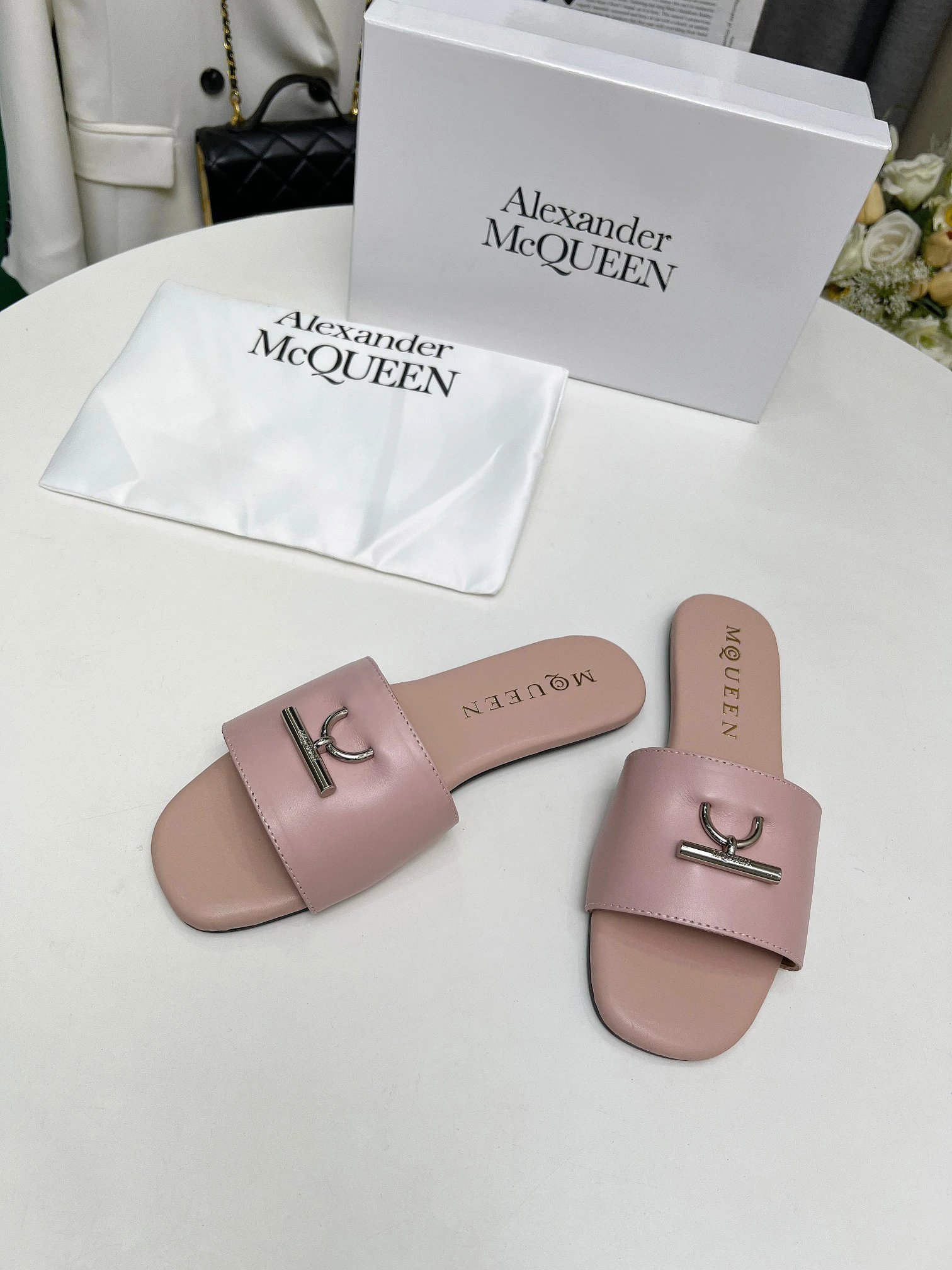 Alexander McQueen Pink Leather Slide Sandals Women