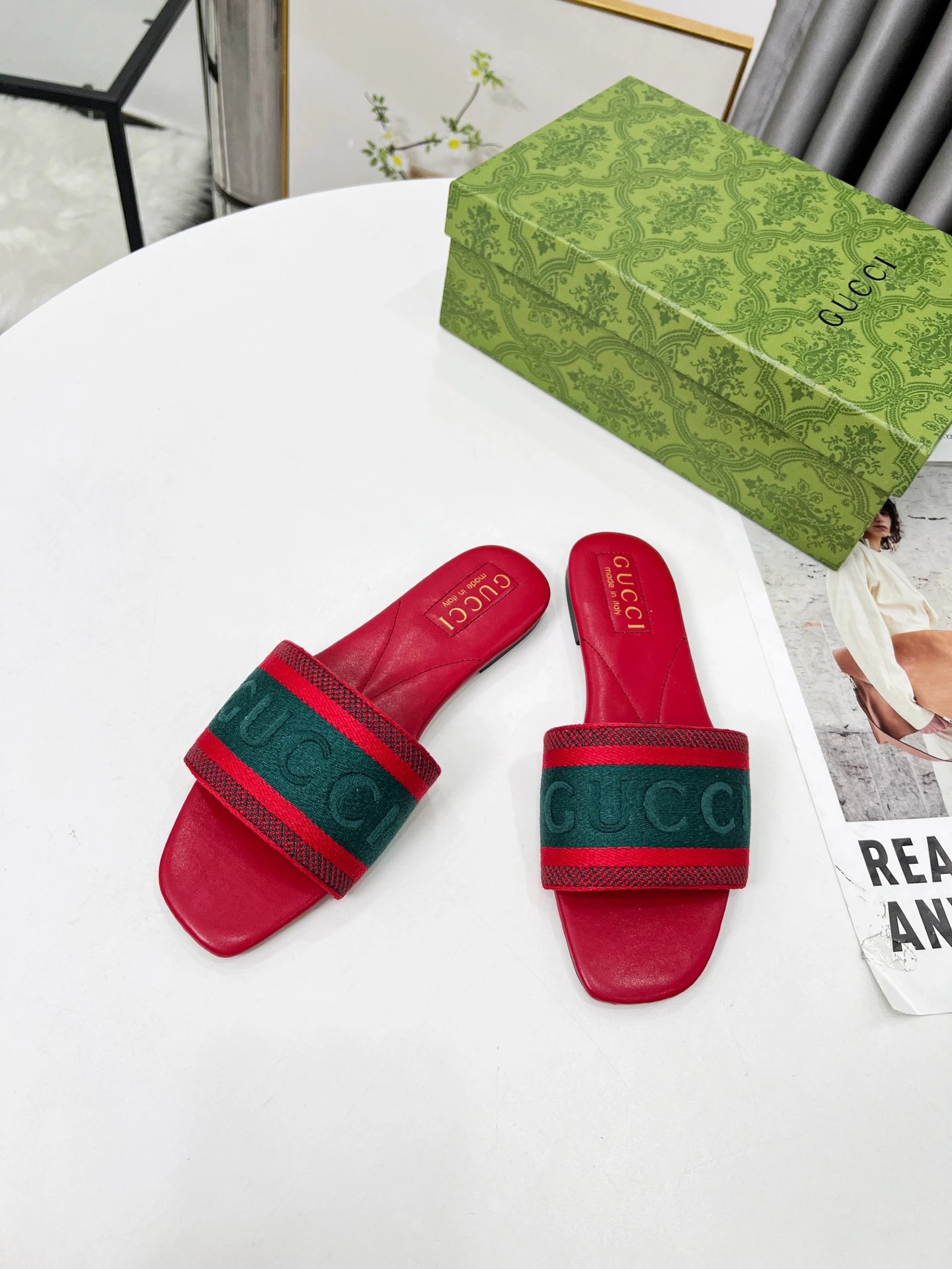 Gucci Women Red Web Slide Sandals Flat Shoes