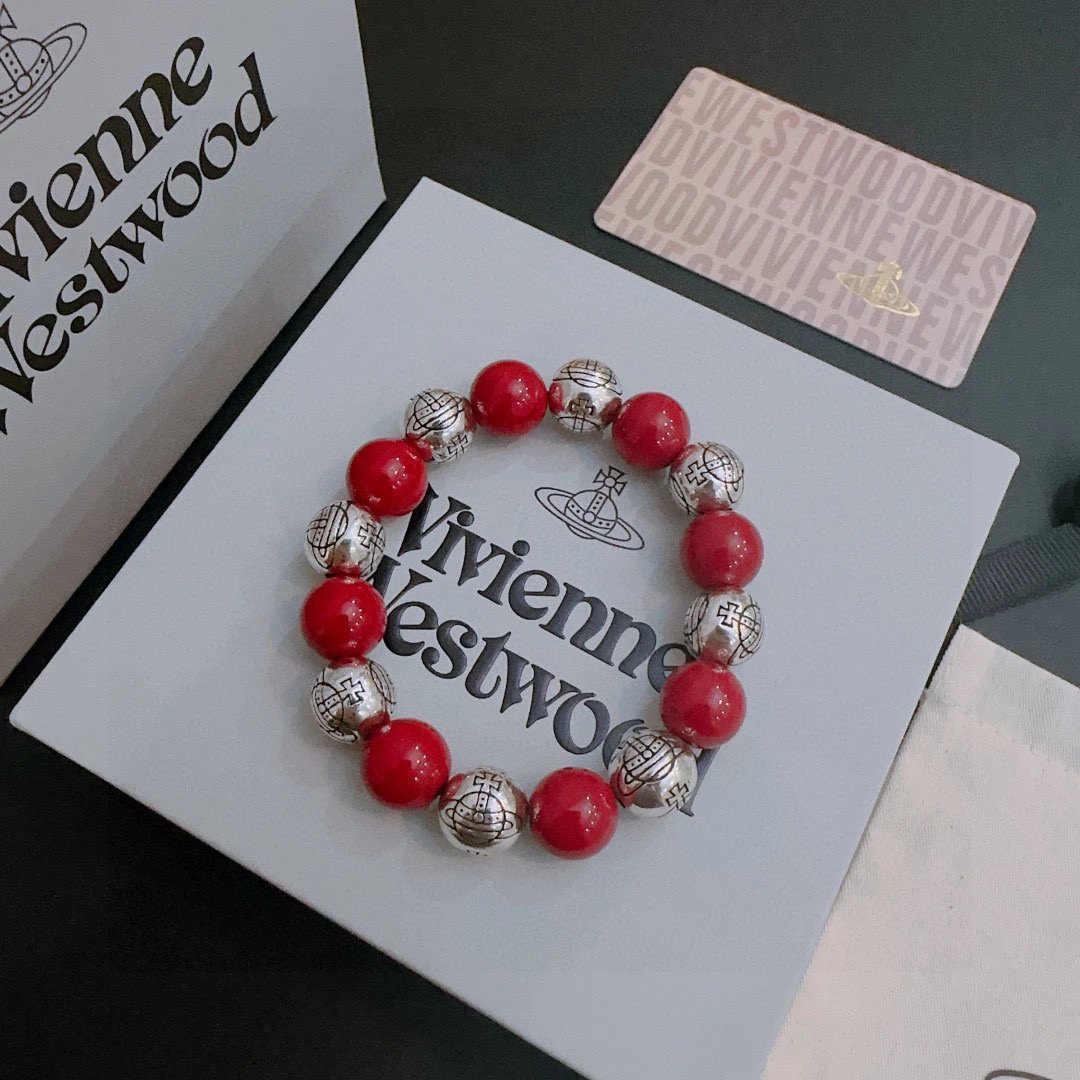 Vivienne Westwood Red Bead Silver Orb Bracelet Jewelry