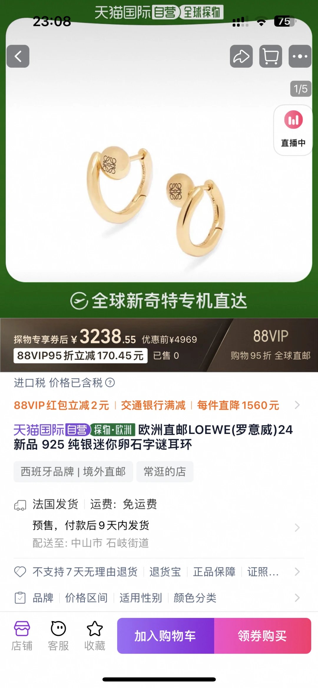 Loewe 925 Silver Egg Hoop Earrings Gold