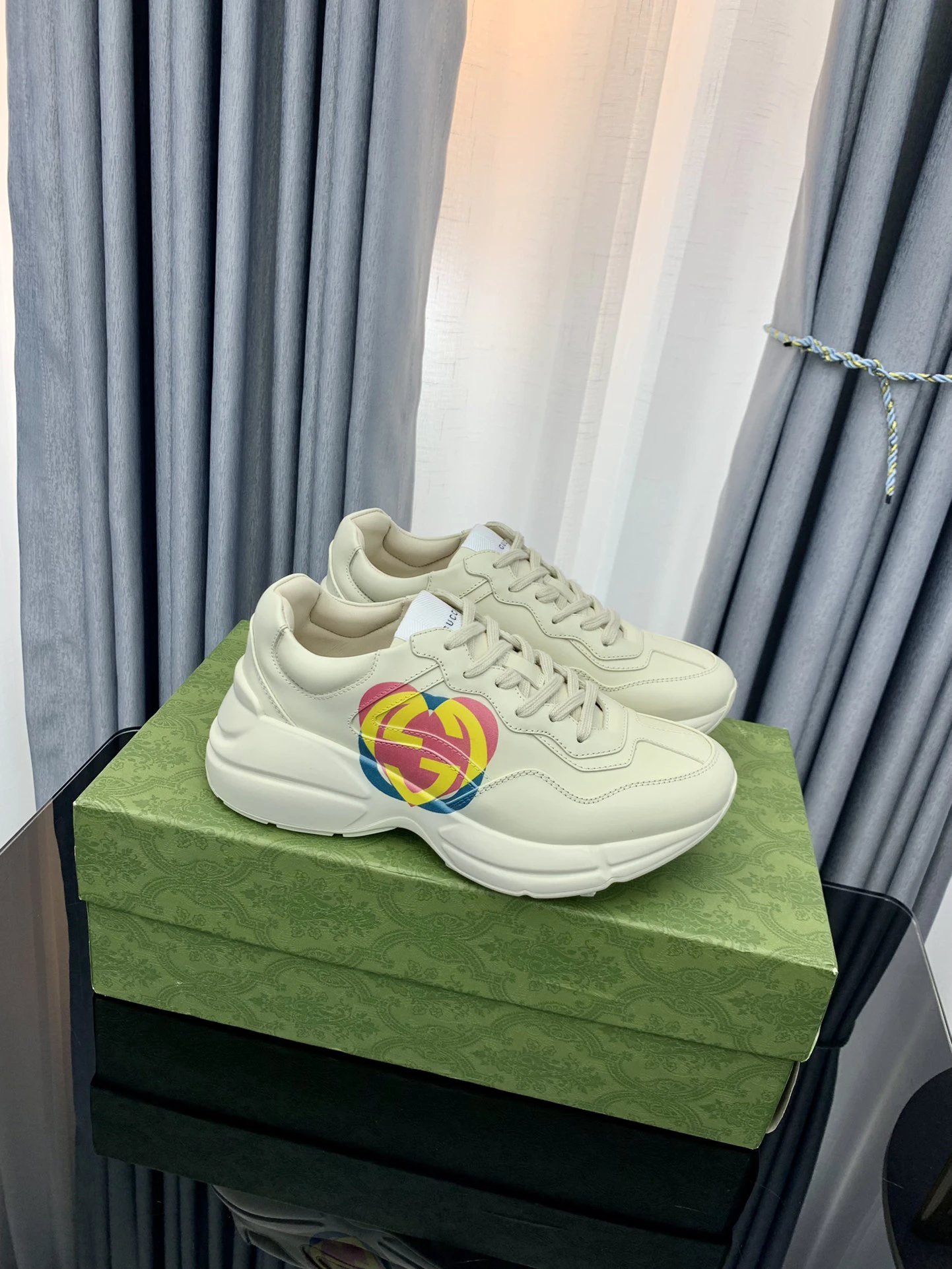 Gucci Chunky Beige Leather Sneakers Heart Logo Shoes